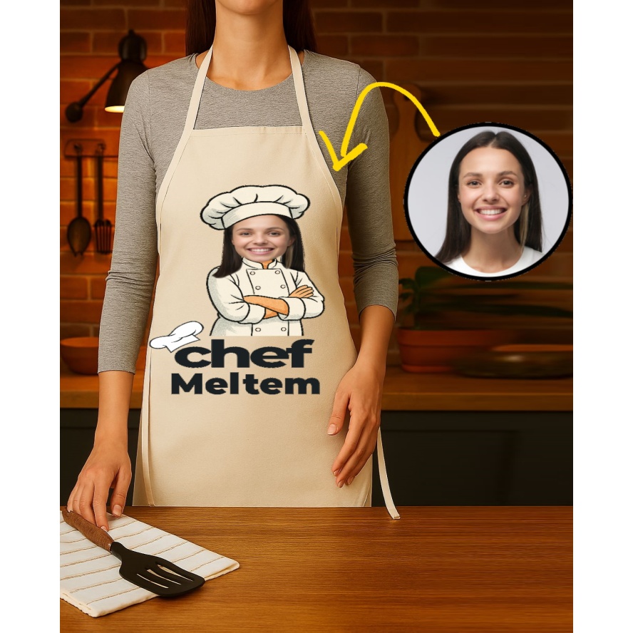 Kişiye Özel Karikatür Fotoğraflı ve İsimli Mutfak Önlüğü Chef Tasarımlı 2