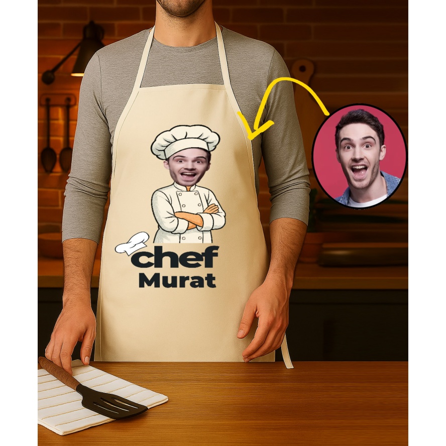 Kişiye Özel Karikatür Fotoğraflı ve İsimli Mutfak Önlüğü Chef Tasarımlı 1
