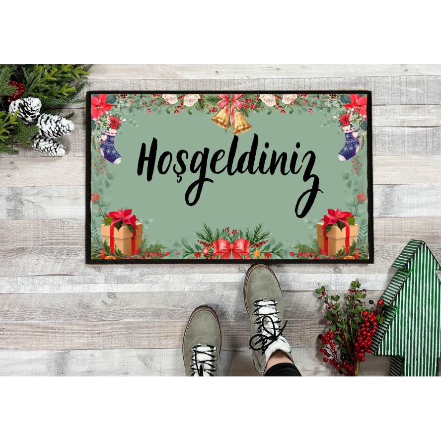 Yeni Yıl Hoşgeldiniz Tasarımlı Kapi Paspas 60x40cm Kapi Onu Paspasi