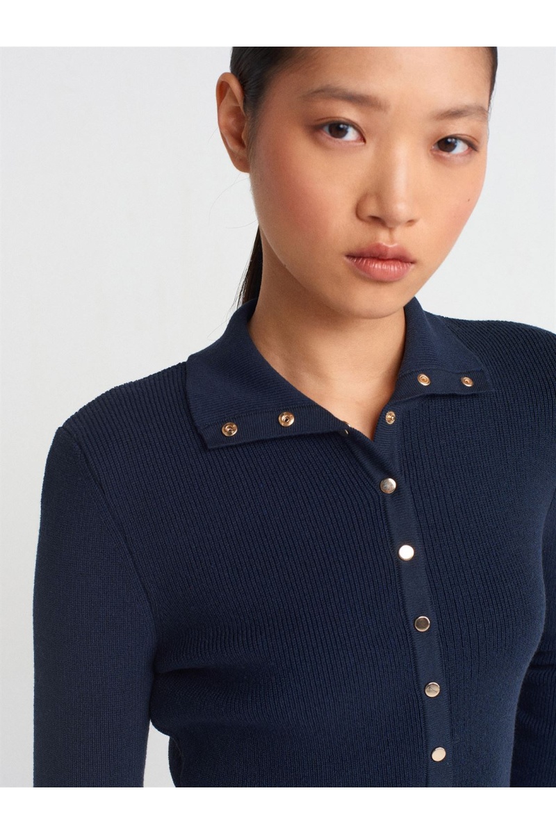 Dik Yaka Çıtçıtlı Triko Kazak-Lacivert