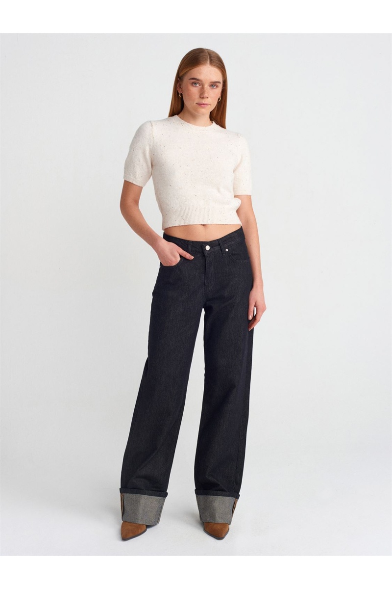 Bisiklet Yaka Pullu Simli Triko Kazak-Krem