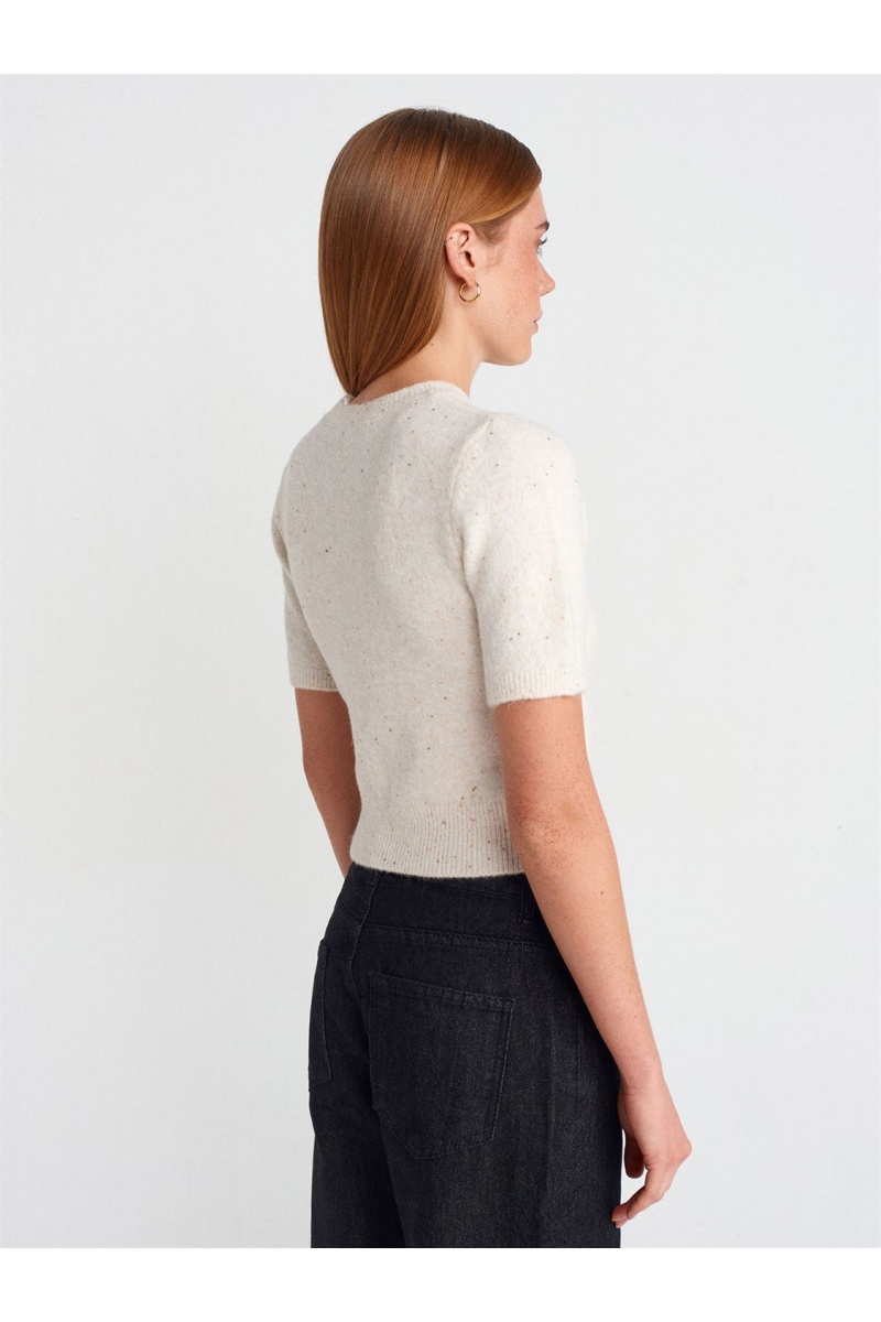 Bisiklet Yaka Pullu Simli Triko Kazak-Krem