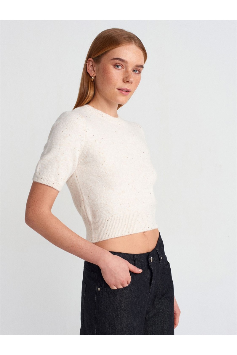 Bisiklet Yaka Pullu Simli Triko Kazak-Krem