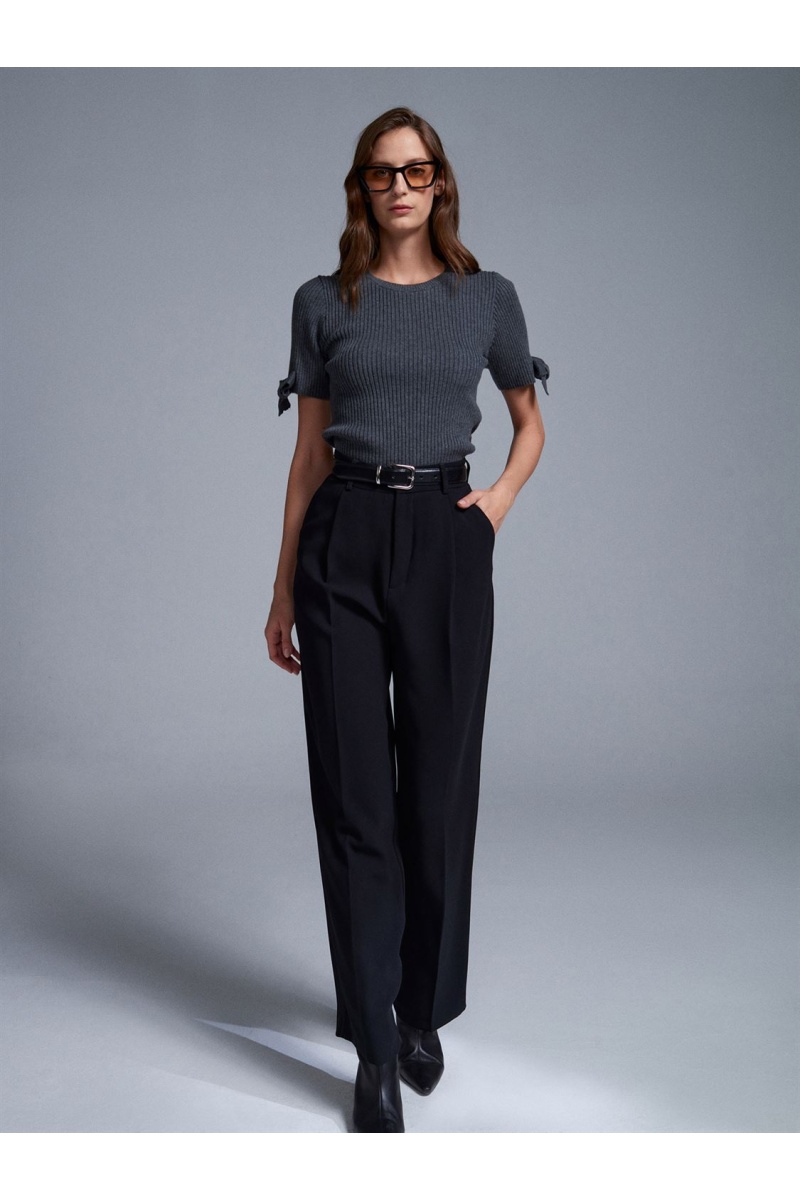 Fitilli Kısa Kollu Kazak-Füme M.