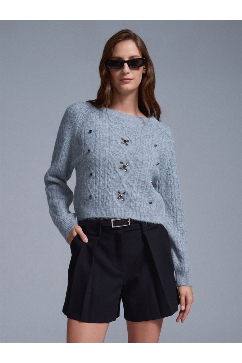 Bisiklet Yaka Taş İşlemeli Kazak