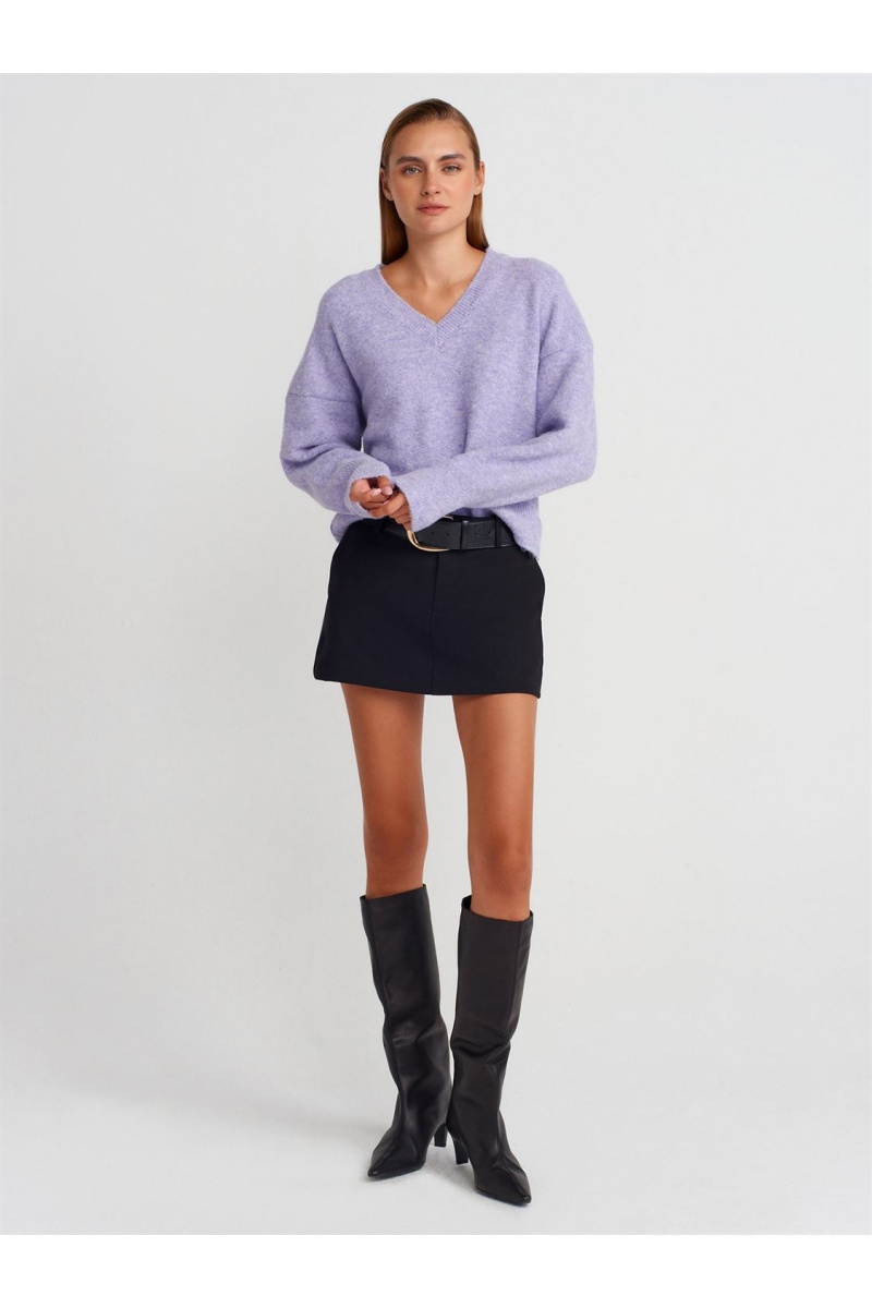 V Yaka Yün Karışımlı Triko Kazak-Lila