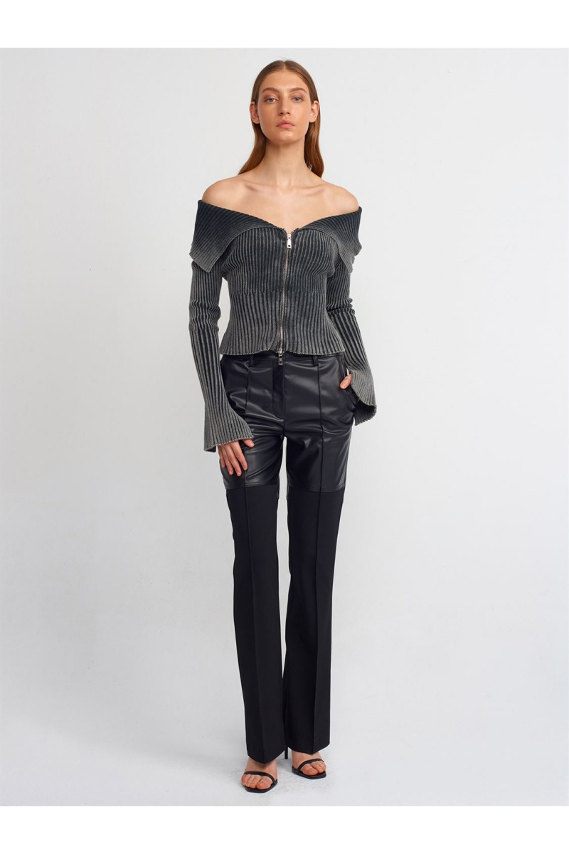 Soluk Efektli Kol Yırtmaç Detaylı Fermuarlı Triko Hırka-Antrasit