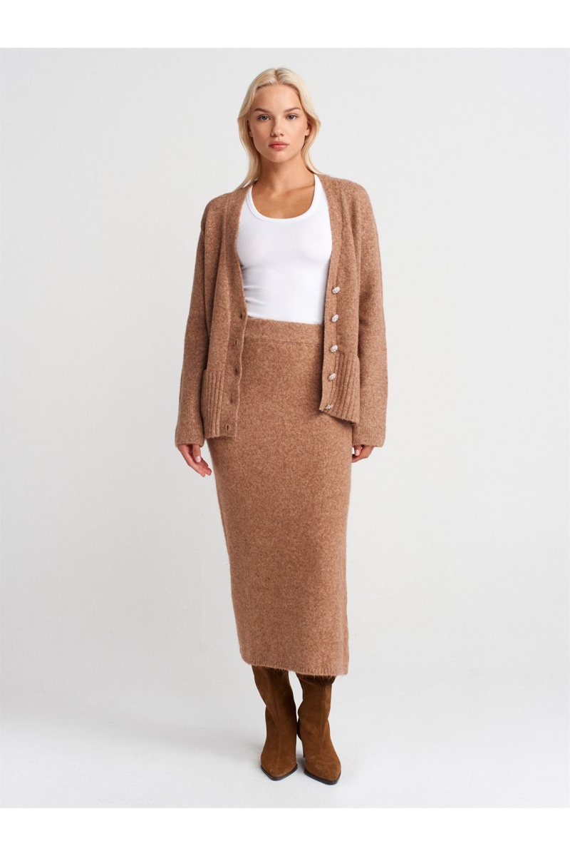 Beli Lastikli Triko Etek-K.Bej