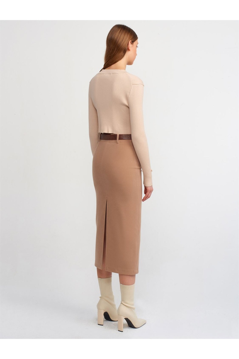 Yırtmaçlı Yumuşak Dokulu Etek-camel