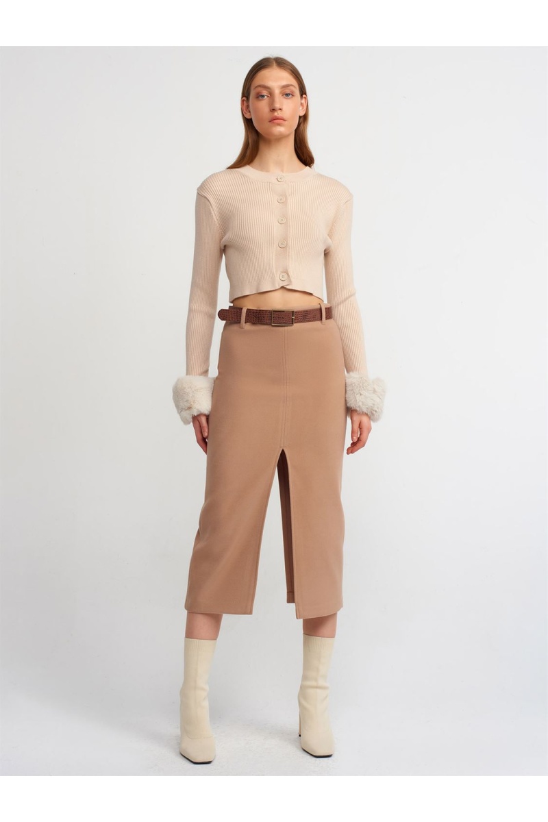 Yırtmaçlı Yumuşak Dokulu Etek-camel