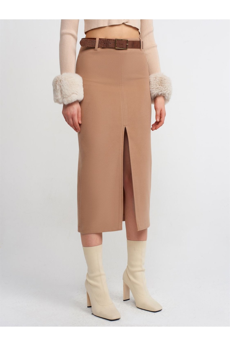 Yırtmaçlı Yumuşak Dokulu Etek-camel