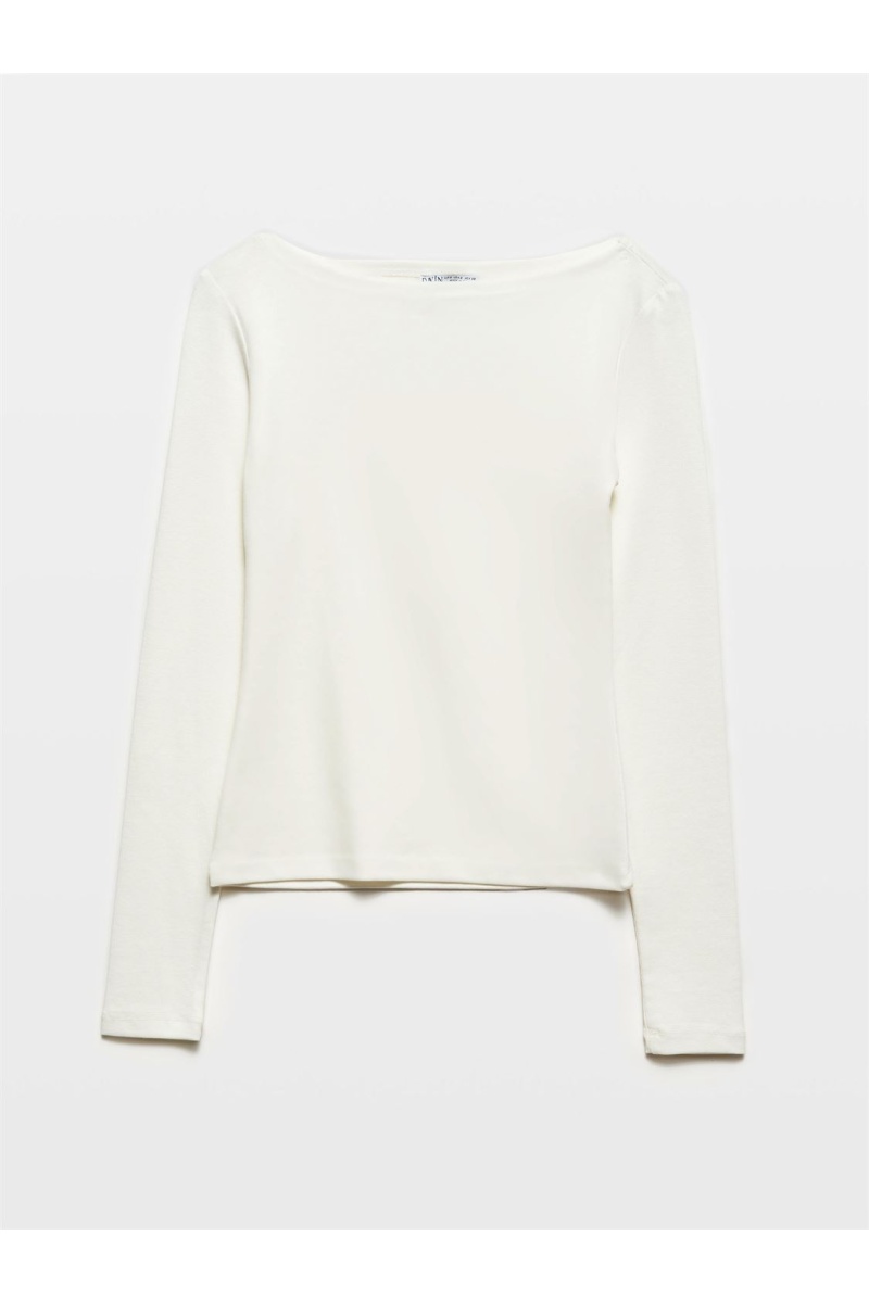Kayık Yaka Uzun Kollu Top-Ekru