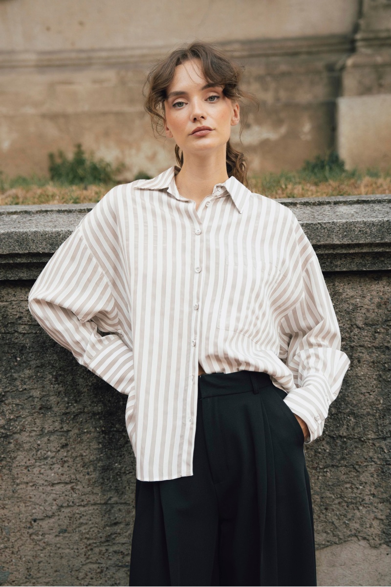 Çizgili Gömlek Vizon-Beyaz