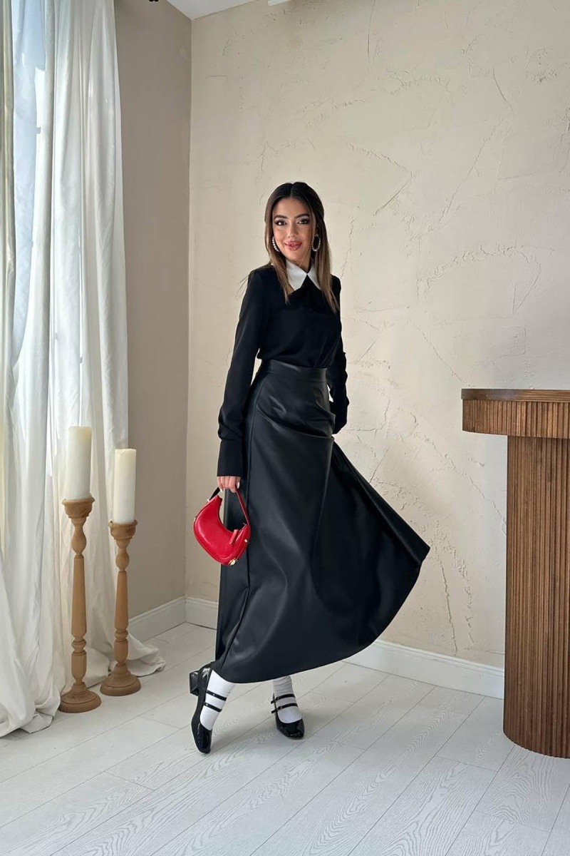Siyah Deri Uzun Etek