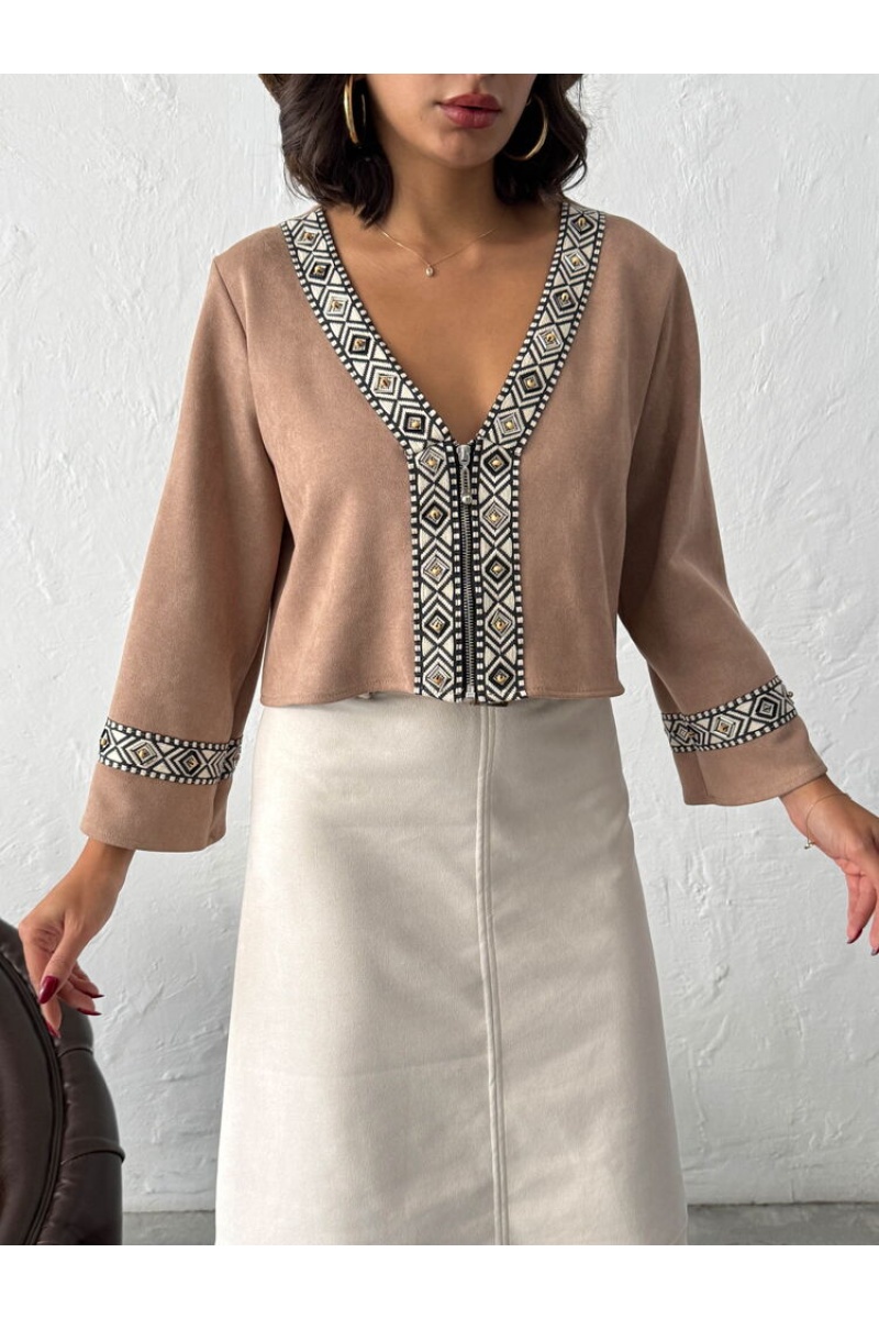 Topshow Şerit Detaylı Scuba Süet Fermuarlı Ceket