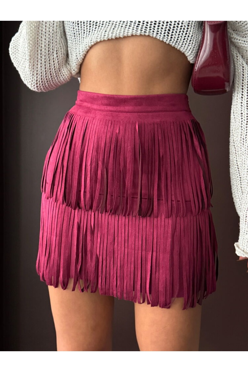 Topshow Püsküllü Scuba Süet Etek Bordo