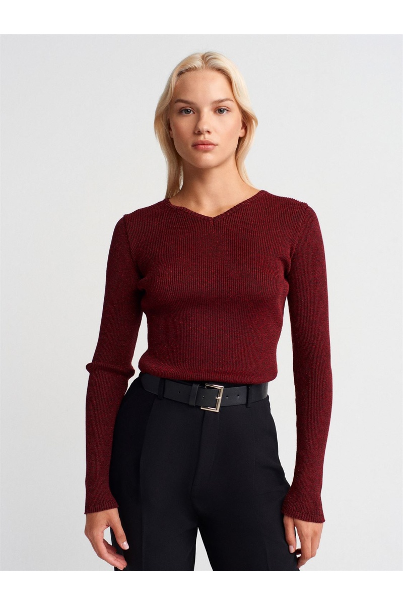 DİLVİN V Yaka Simli Triko Kazak