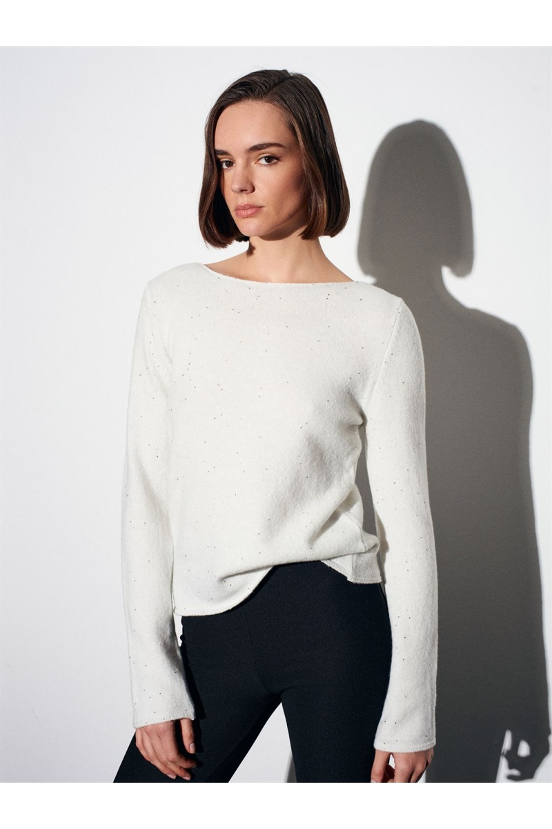 DİLVİN Yün Karışımlı Parıltılı Kayık Yaka Kazak