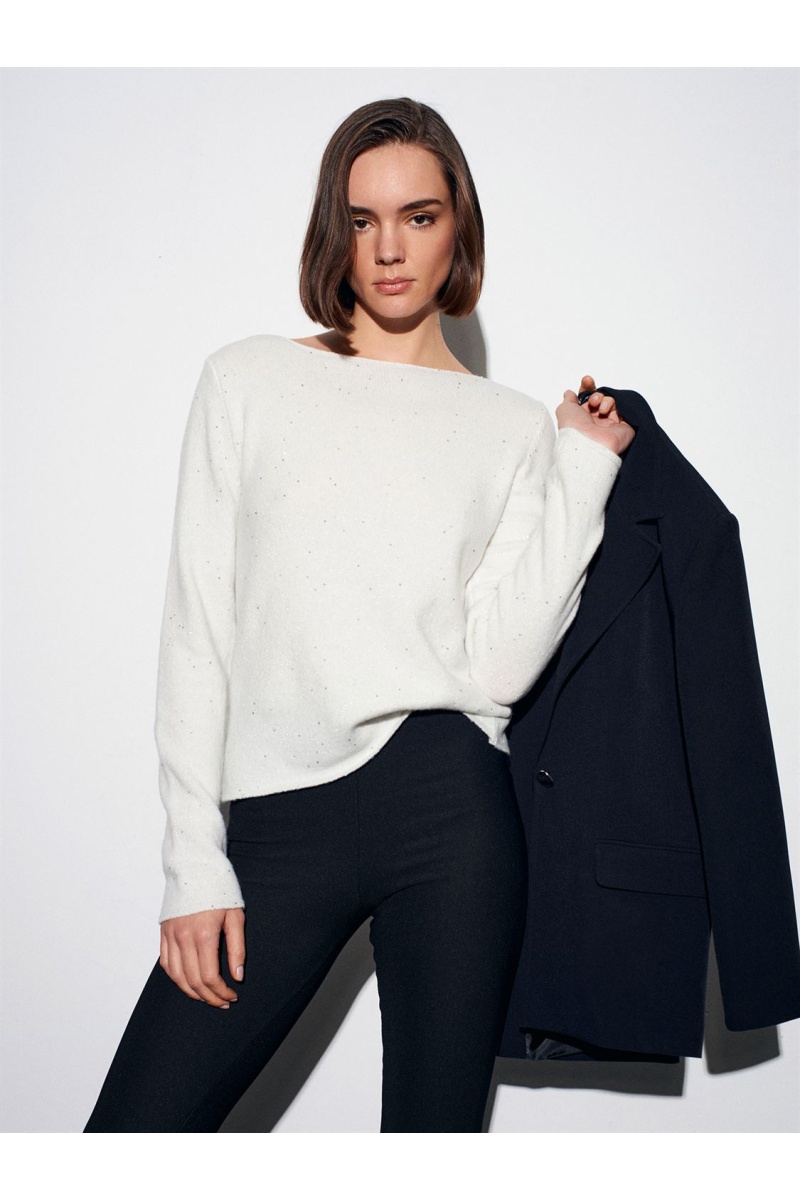 DİLVİN Yün Karışımlı Parıltılı Kayık Yaka Kazak