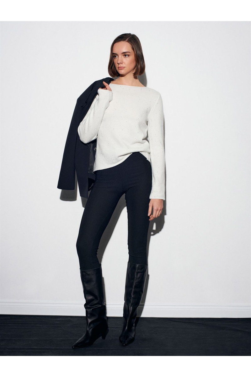 DİLVİN Yün Karışımlı Parıltılı Kayık Yaka Kazak