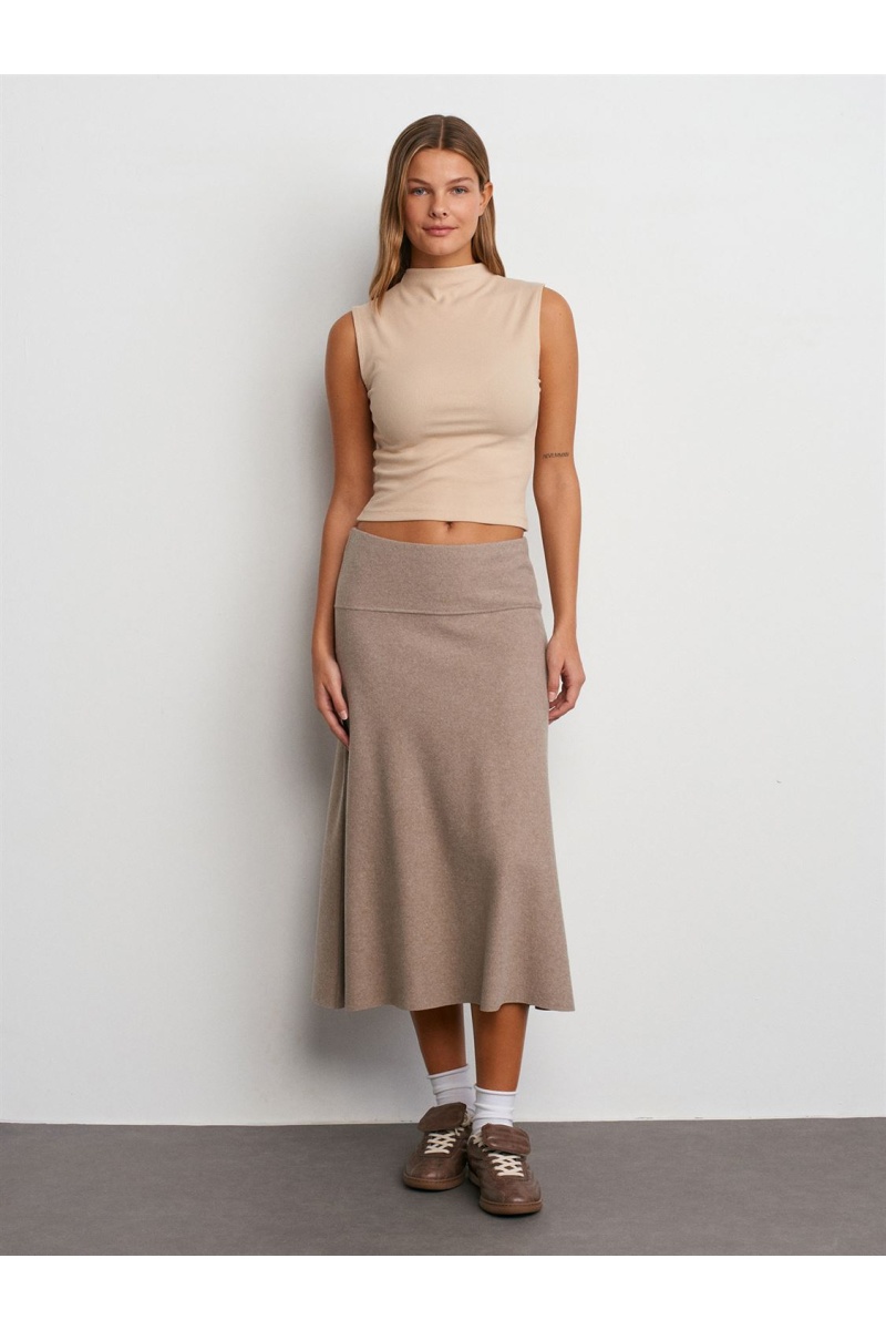 DİLVİN Beli Lastikli Örme Midi Etek