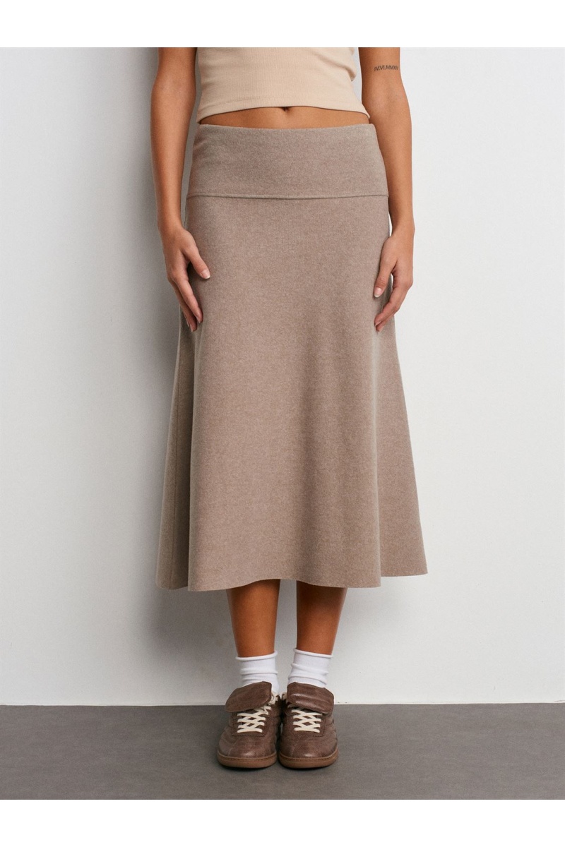 DİLVİN Beli Lastikli Örme Midi Etek
