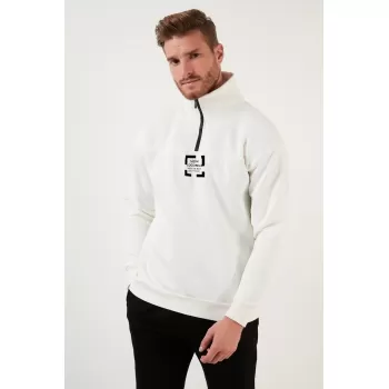 Oversize Yarım Farmuarlı Yakalı Özel Tasarım Basic SweatShirt - Beyaz