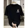 Güneş Gözlüğü Grafikli Karikatür Tavşan Oversize Kısa Kollu Tişört Çift Tişört, İlkbahar Ve Yaz- Siyah
