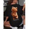 Büyük Boy Ayıcık Baskılı Bisiklet Yaka T-Shirt, İlkbahar & Yaz İçin Rahat Kısa Kollu T-Shirt, Kadın Giyim - Siyah