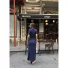 Osy Modal Yumuşak Dokulu Kumaş Bisiklet Yaka Kısa Kollu Kuşaklı Uzun Elbise - Mavi