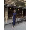 Osy Modal Yumuşak Dokulu Kumaş Bisiklet Yaka Kısa Kollu Kuşaklı Uzun Elbise - Mavi