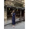 Osy Modal Yumuşak Dokulu Kumaş Bisiklet Yaka Kısa Kollu Kuşaklı Uzun Elbise - Mavi