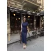 Osy Modal Yumuşak Dokulu Kumaş Bisiklet Yaka Kısa Kollu Kuşaklı Uzun Elbise - Mavi