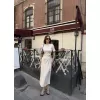 Osy Modal Yumuşak Dokulu Kumaş Bisiklet Yaka Kısa Kollu Kuşaklı Uzun Elbise - Beyaz