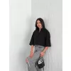 Kadın Crop Yakalı Gömlek Üç Çeyrek Sleeve Kol - Siyah