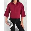 Kadın Crop Yakalı Gömlek Üç Çeyrek Sleeve Kol - Bordo