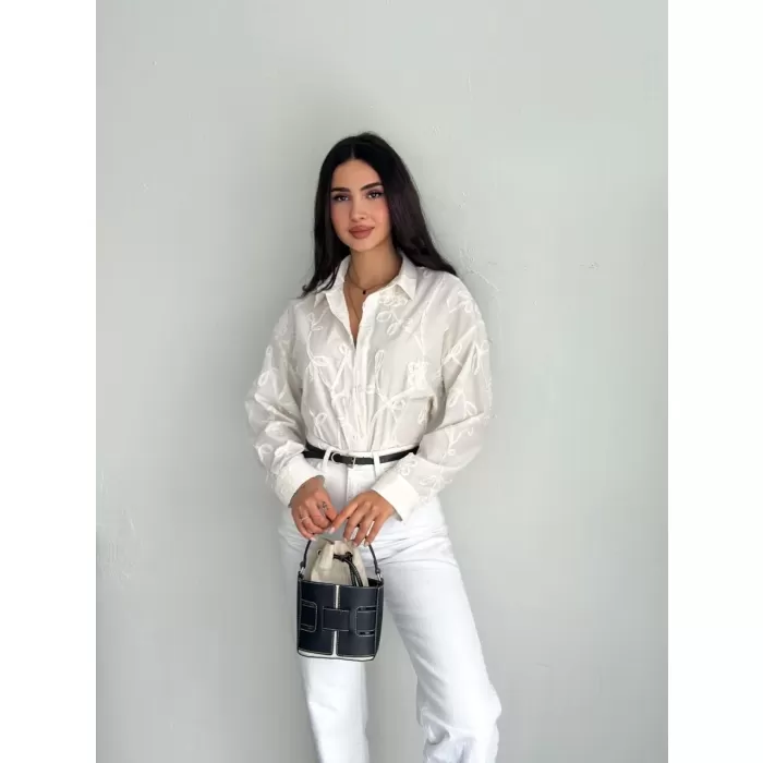 Kadın Nakışlı Uzun Kollu Gömlek - Beyaz