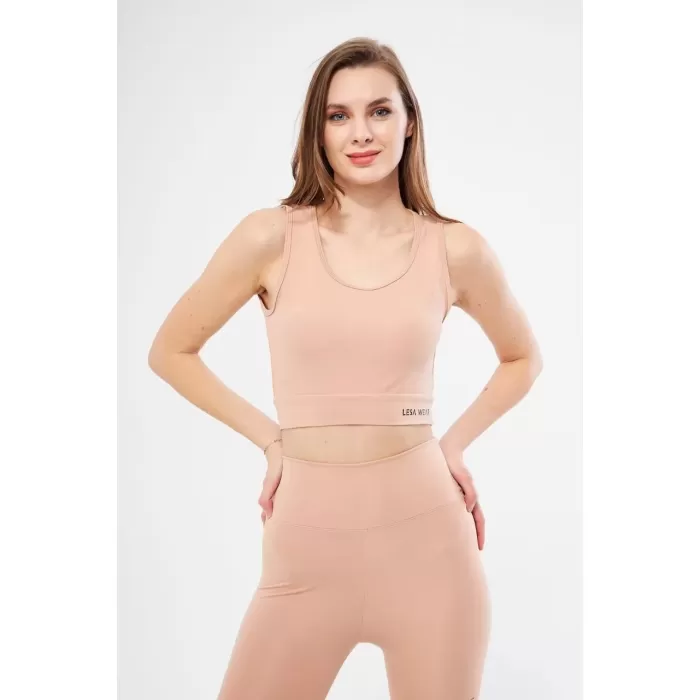 Kolsuz Sporcu Baskılı Crop - Bej