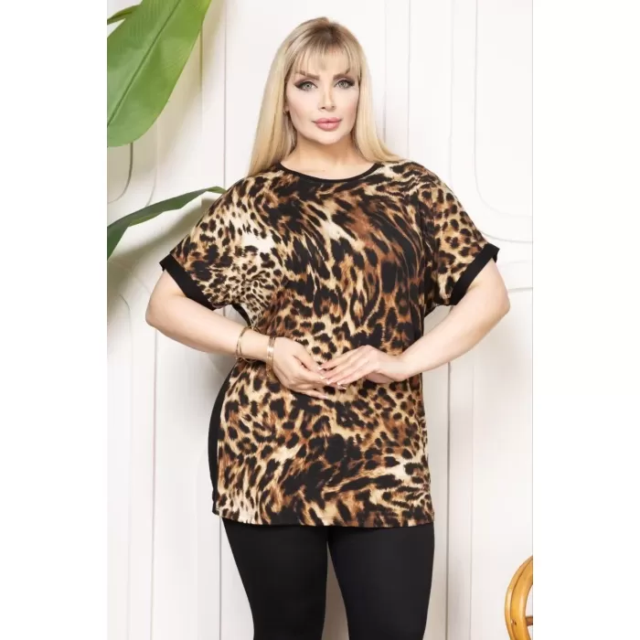 Kadın Bisiklet Yaka Büyük Beden leopar Desenli Bluz - leopar