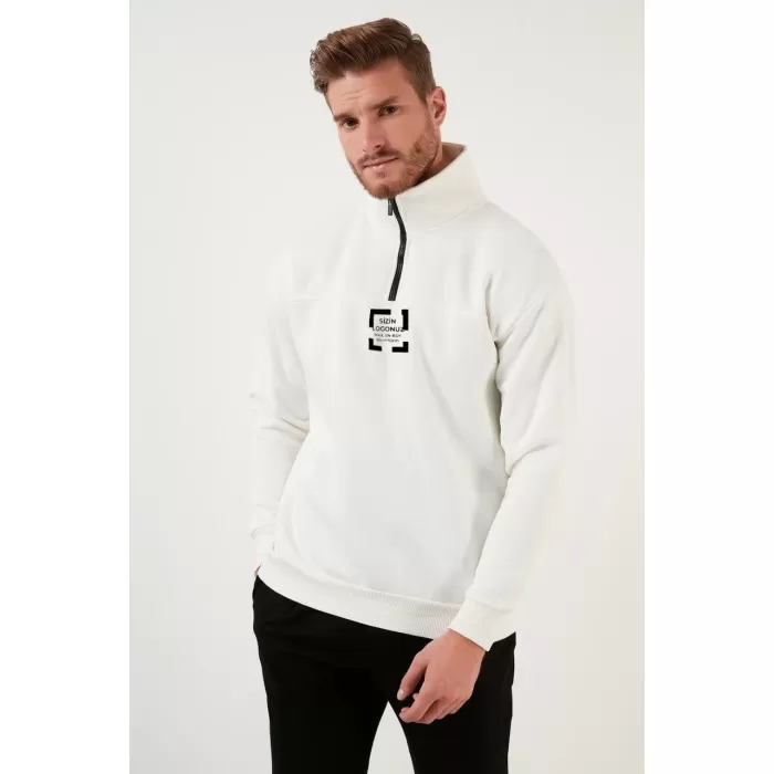 Oversize Yarım Farmuarlı Yakalı Özel Tasarım Basic SweatShirt - Beyaz
