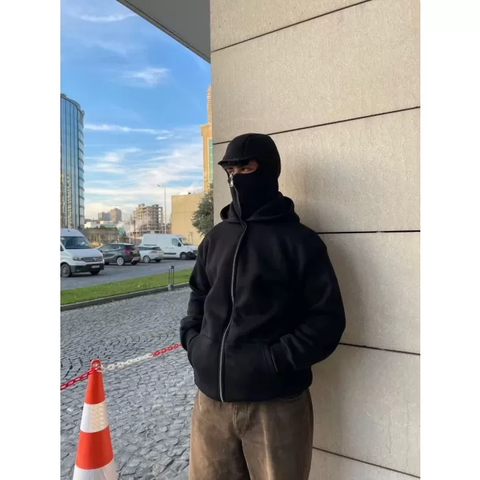 Samuray Kapüşonlu ZIP Fermuarlı Kapüşonlu Özel Tasarım SweatShirt - Siyah