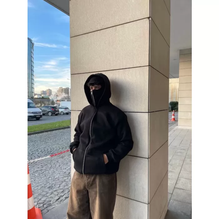 Samuray Kapüşonlu ZIP Fermuarlı Kapüşonlu Özel Tasarım SweatShirt - Siyah
