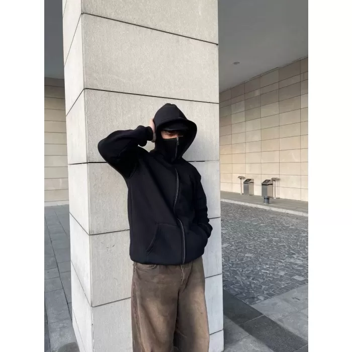 Samuray Kapüşonlu ZIP Fermuarlı Kapüşonlu Özel Tasarım SweatShirt - Siyah