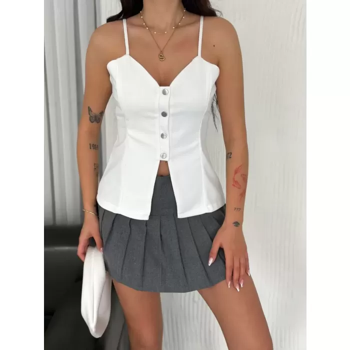 Askılı Dekolte deraylı bluz crop - Beyaz
