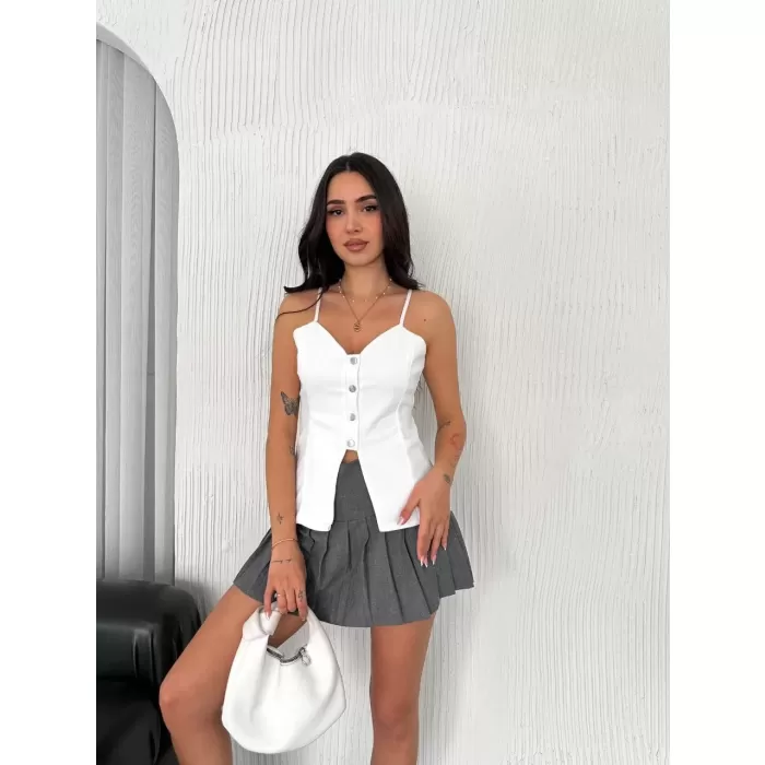 Askılı Dekolte deraylı bluz crop - Beyaz