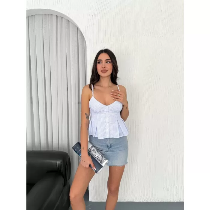 Askılı Dekolte deraylı crop - Açık Mavi