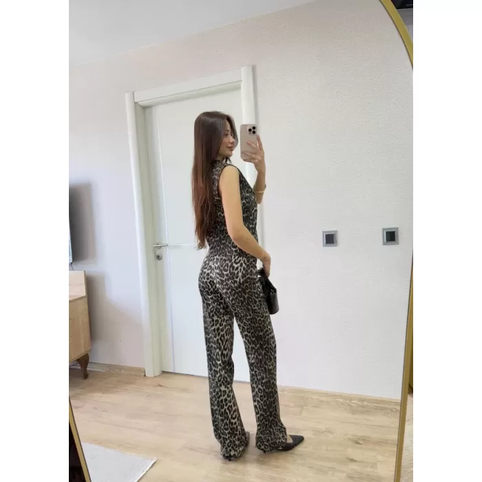 leopar desenli Düğmeli Bluzlu Pantolon İkili Takım -Leopar