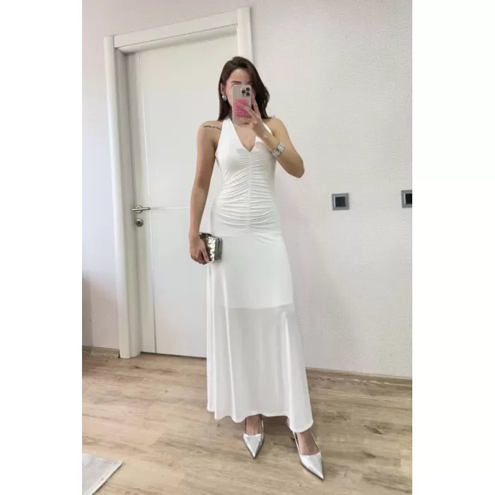 Sırt dekolteli Uzun Kollu Elbise - Beyaz