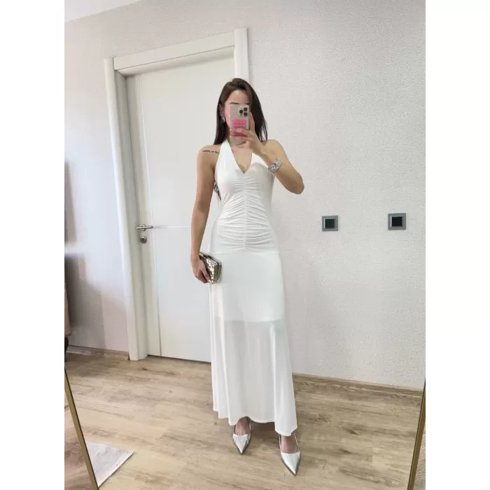 Sırt dekolteli Uzun Kollu Elbise - Beyaz