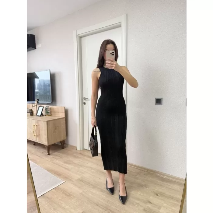 Fitilli Triko Elbise Maxi Uzun boy - Siyah